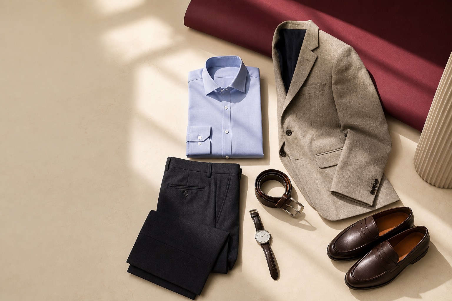 Interview outfit flat lay with a pale blue shirt, charcoal trousers, neutral blazer and brown accessories